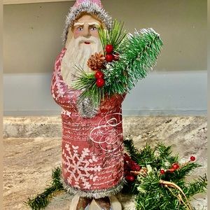 Olde World Paper Mache’ collector red snowflake print Santa with Tree!